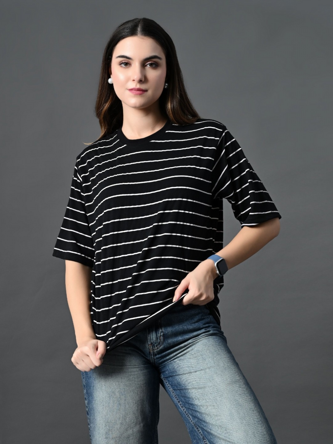 

CORSICA Women Bio Finish Striped Round Neck Cotton Relaxed Fit T-shirt, Black
