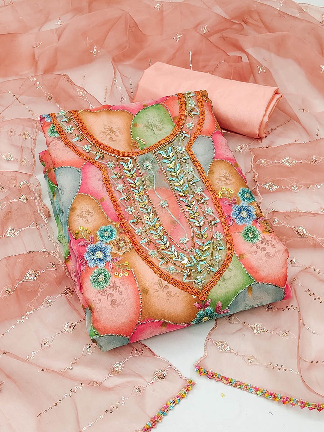 

Blissta Embellished Organza Unstitched Dress Material, Peach