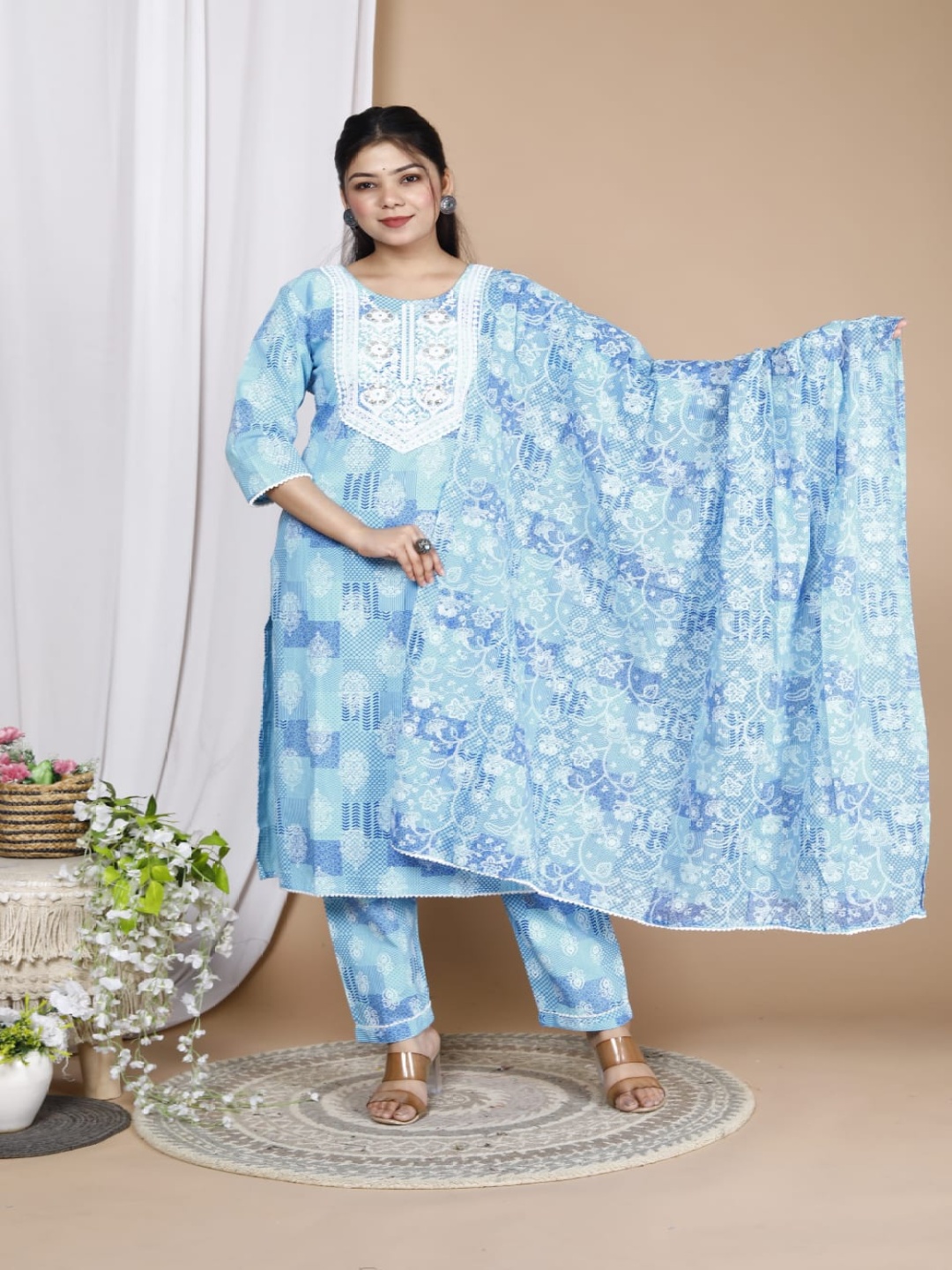 

MILAAV Floral Printed Pure Cotton Straight Kurta with Trousers And Dupatta, Blue
