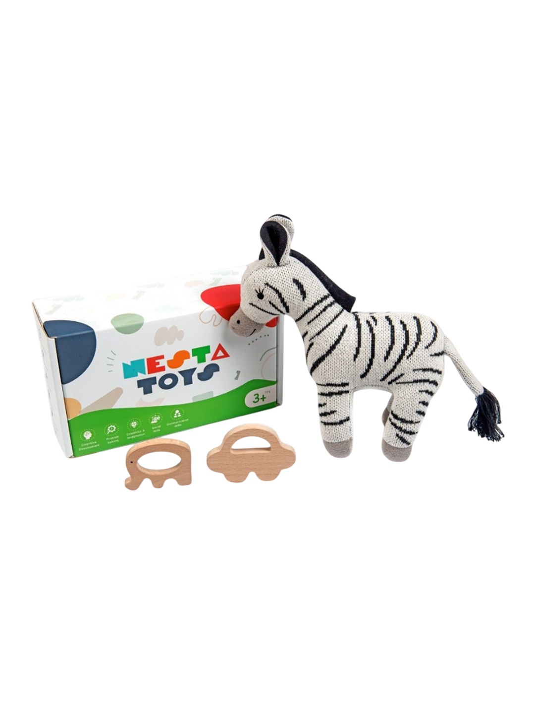 

Nesta Toys Newborn Gift Set Zebra Plush Toy Wooden Elephant and Car Teether, White
