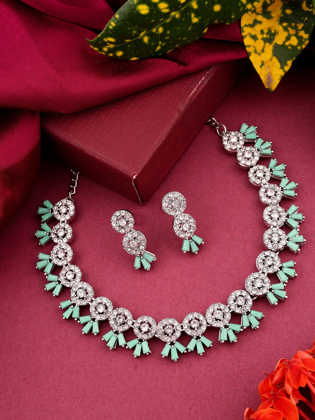 

DIVASTRI Set Of 2 Gold & Silver Plated AD Stone Studded Jewellery Sets