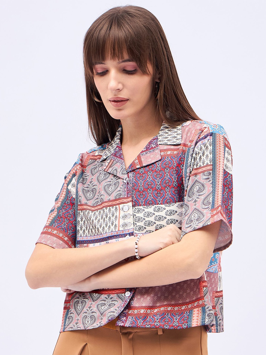 

DressBerry Women Print Satin Shirt Style Crop Top, Purple