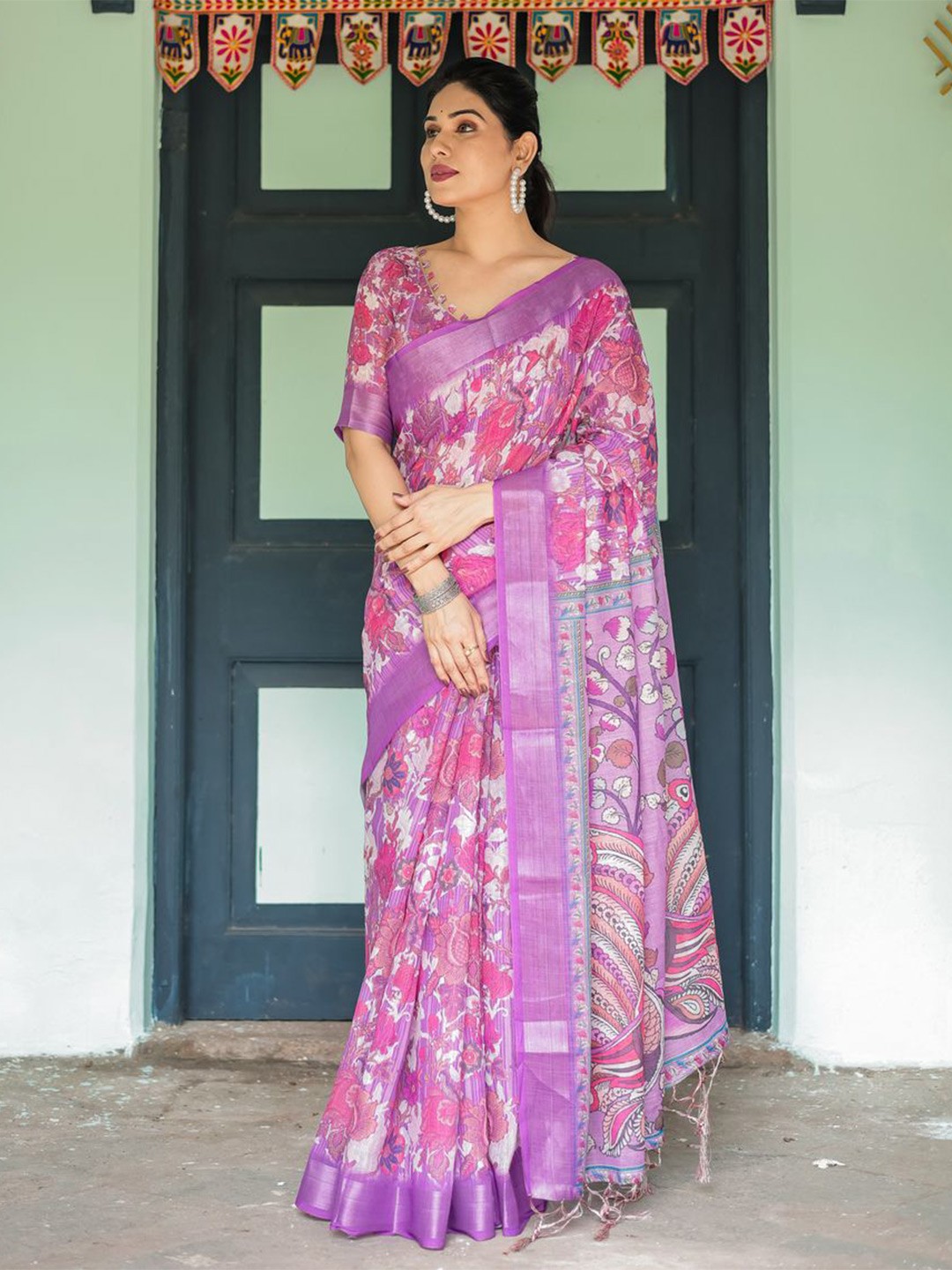 

ALMAARI FASHION Floral Pure Linen Banarasi Saree, Purple