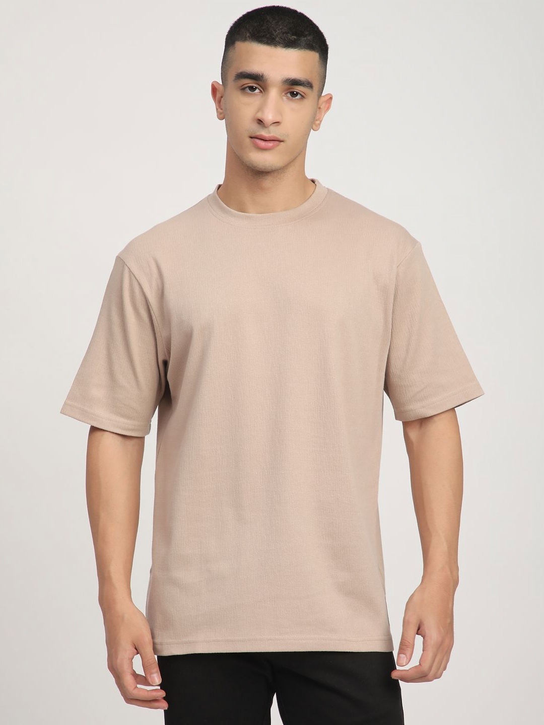 

R&B Men Self Design Round Neck Cotton Relaxed Fit T-shirt, Beige