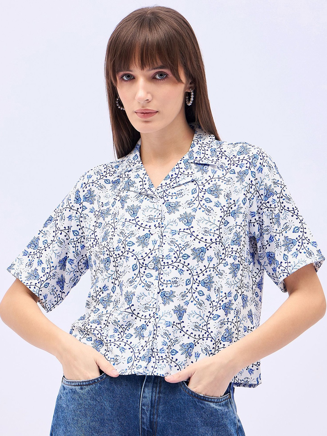 

DressBerry Printed Satin Shirt Style Crop Top, Blue