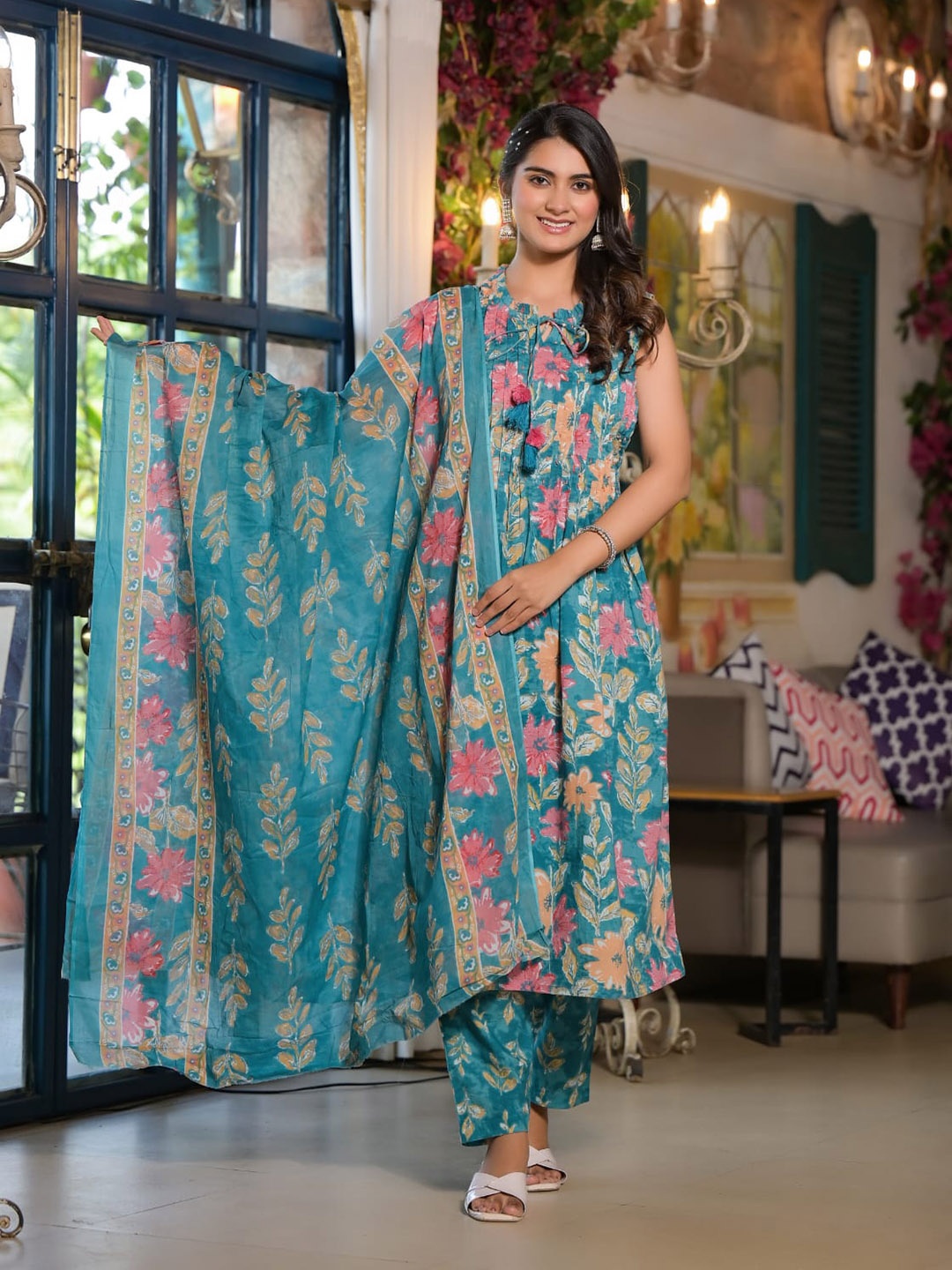 

Meena Bazaar Floral Printed Tie Up Neck A-Line Cotton Kurta With Trousers & Dupatta, Blue