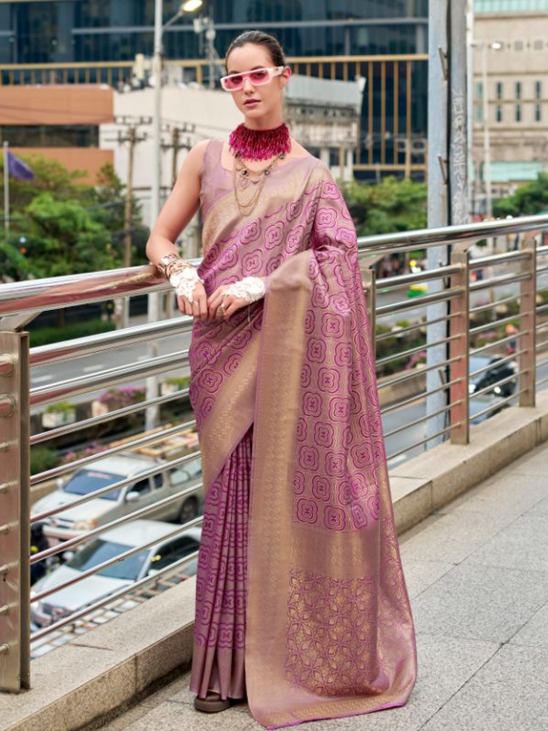 

NK Textiles Ethnic Motifs Woven Design Zari Saree, Purple