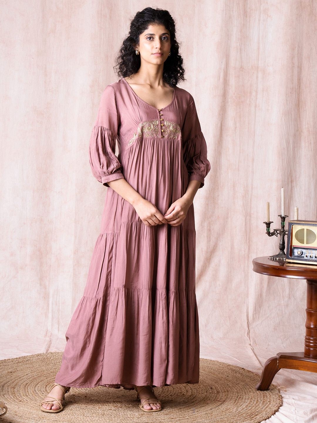 

SHILPI HANDICRAFTS Embroidered A-Line Midi Dress, Rose
