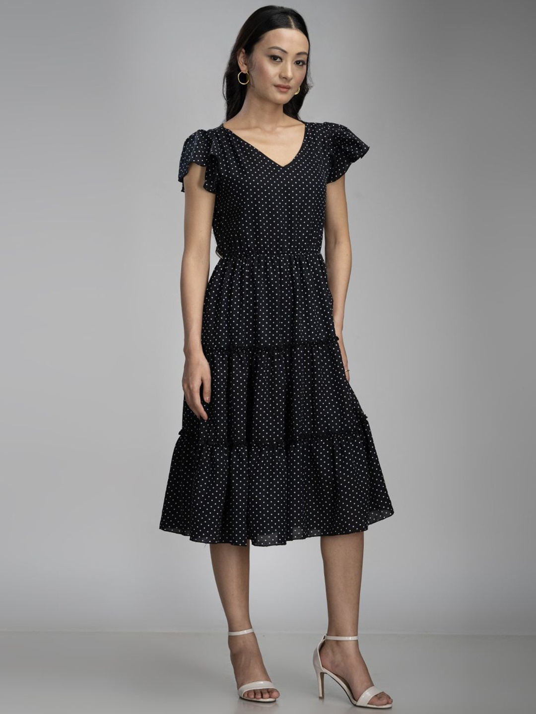 

KRISS-CROX Women Polka Dots Print Flared Sleeve Fit & Flare Dress, Black