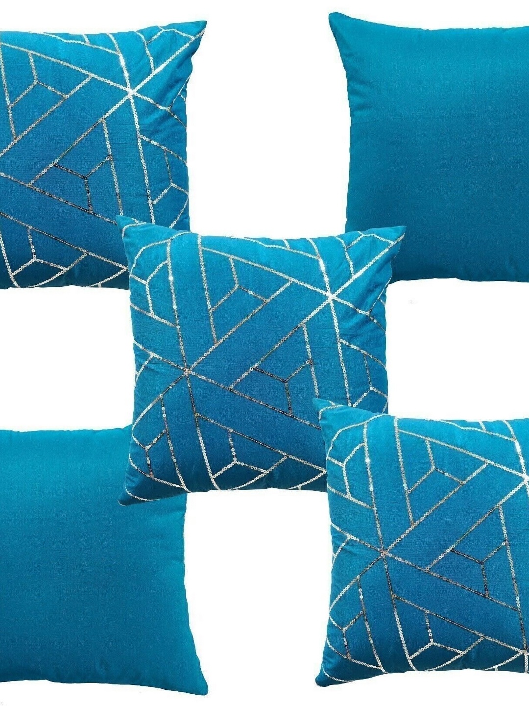 

HOME9INE Blue Set of 5 Sequinned Square Cushion Covers, Turquoise blue