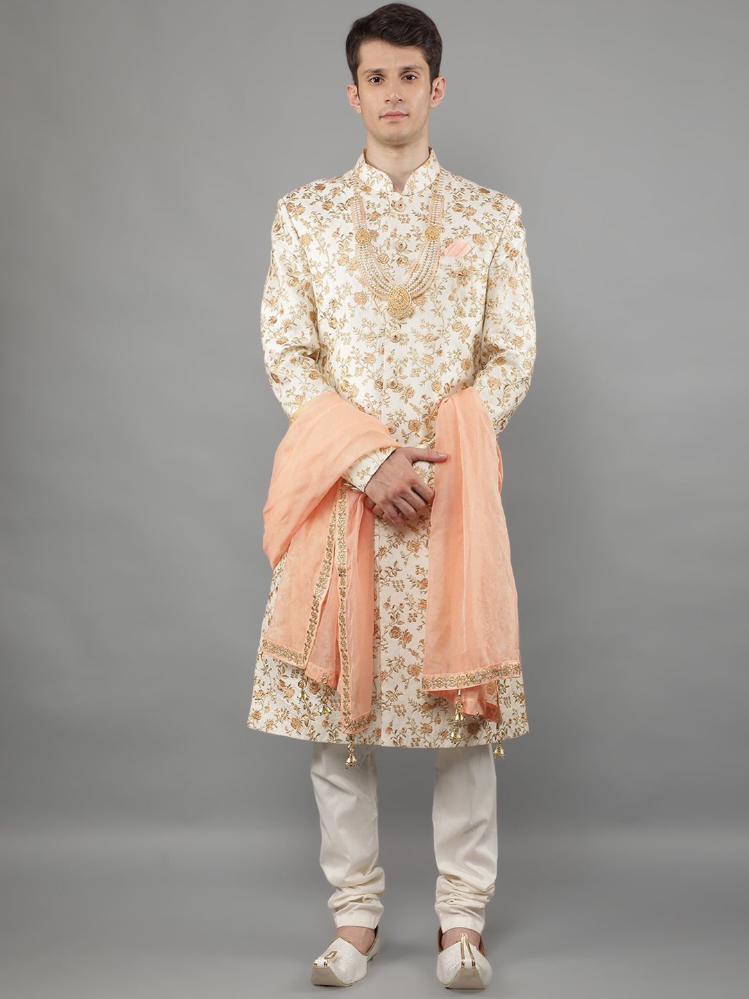 

Manish Creations Embroidered Mandarin Collar Sherwani Set, Cream