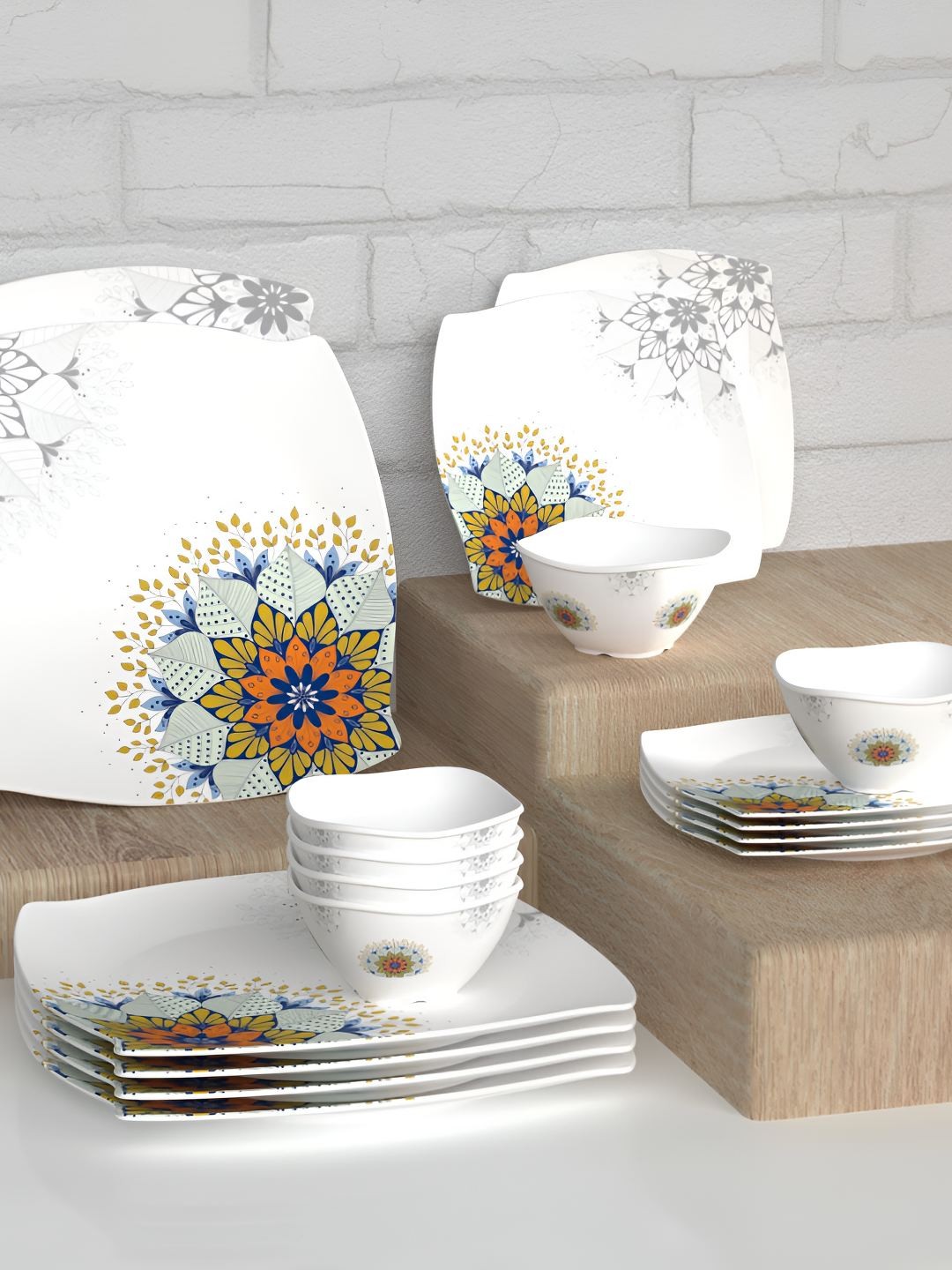 

Castleite White 18 Pieces Printed Dishwasher Safe Glossy Finish Melamine Dinner Set