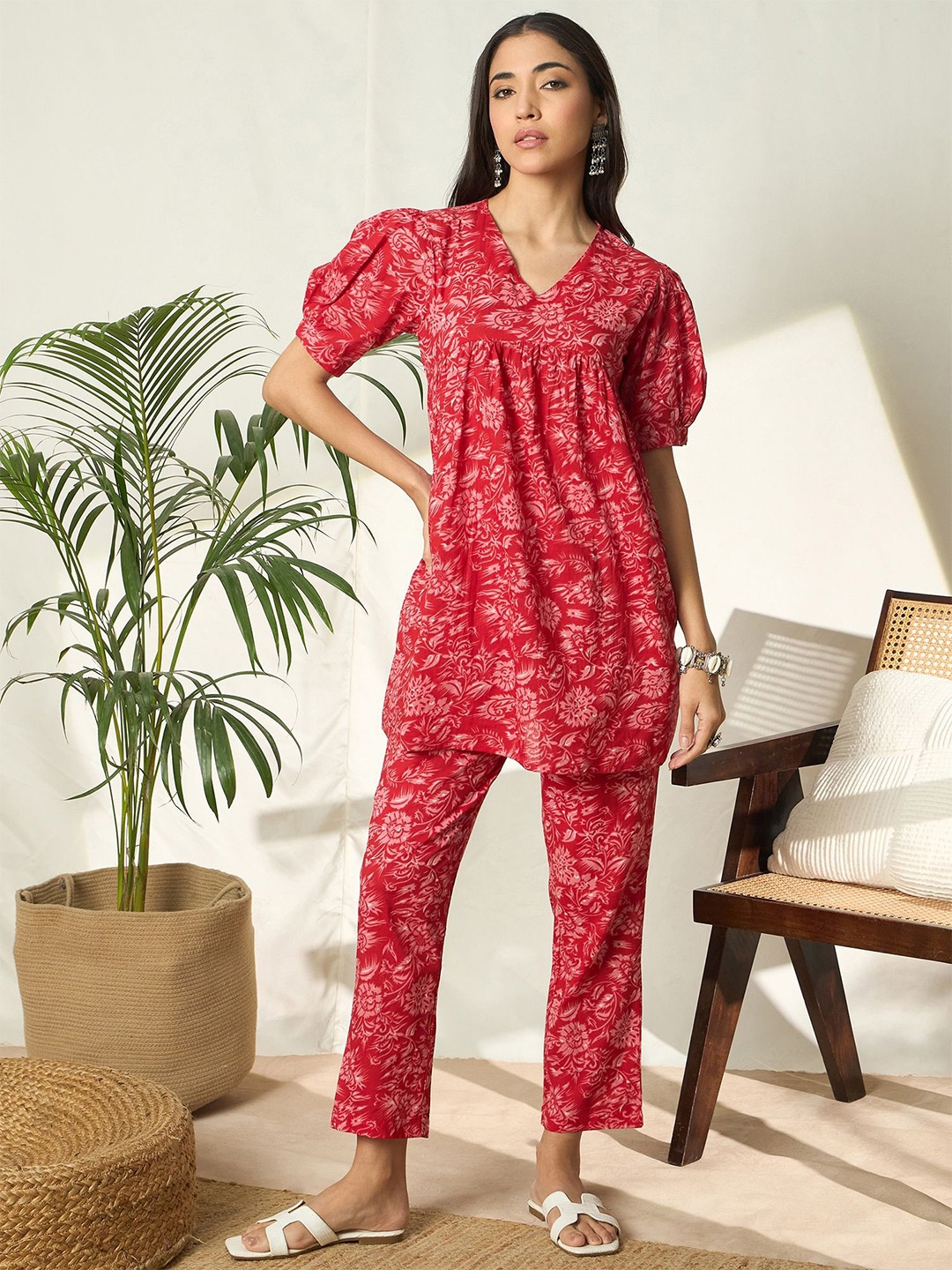 

Bandia Floral Printed Tunic With Trousers Co-Ords, Red