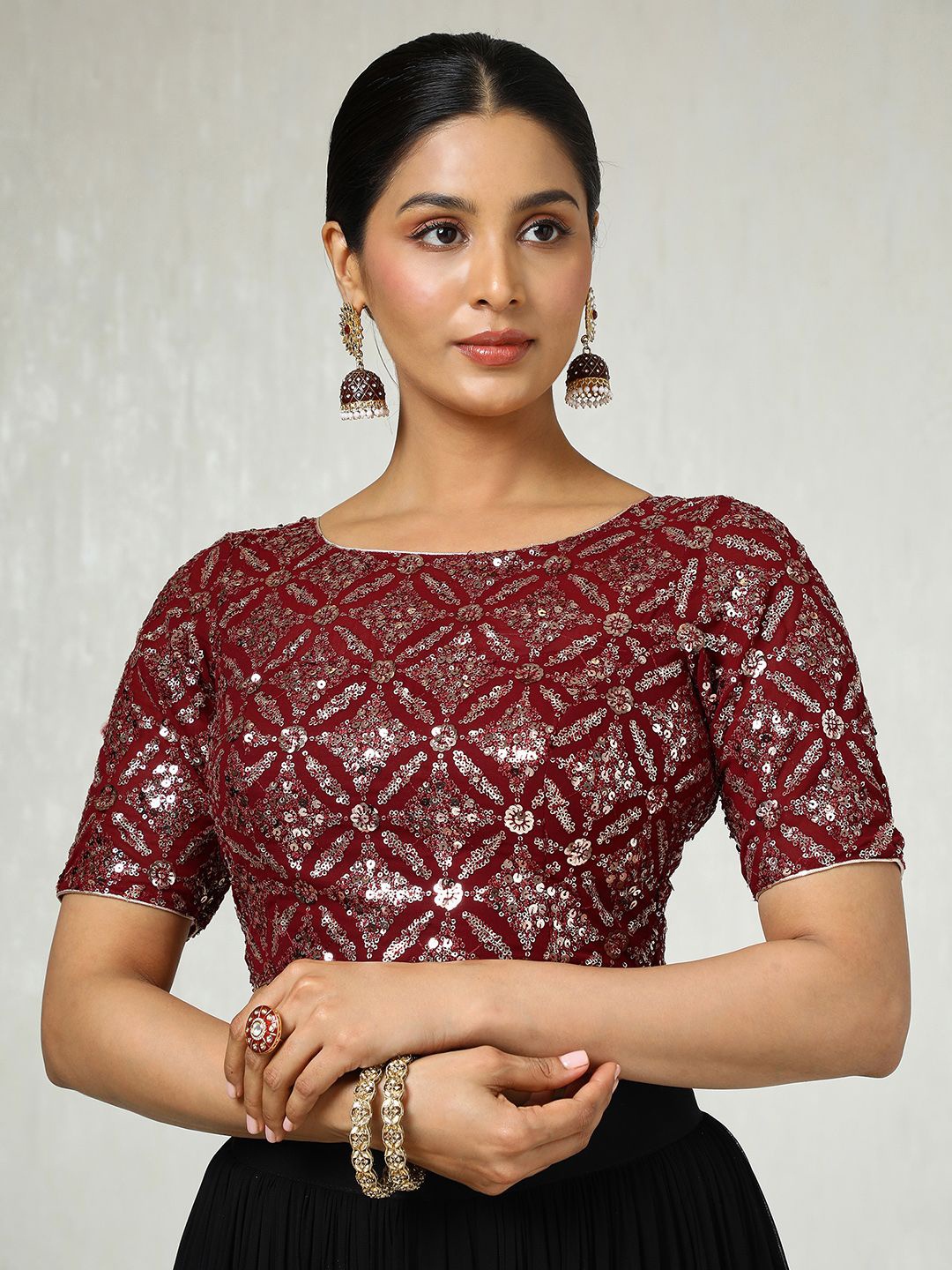 

Soch Embellished Round Neck Padded Saree Blouse With Sequins, Maroon