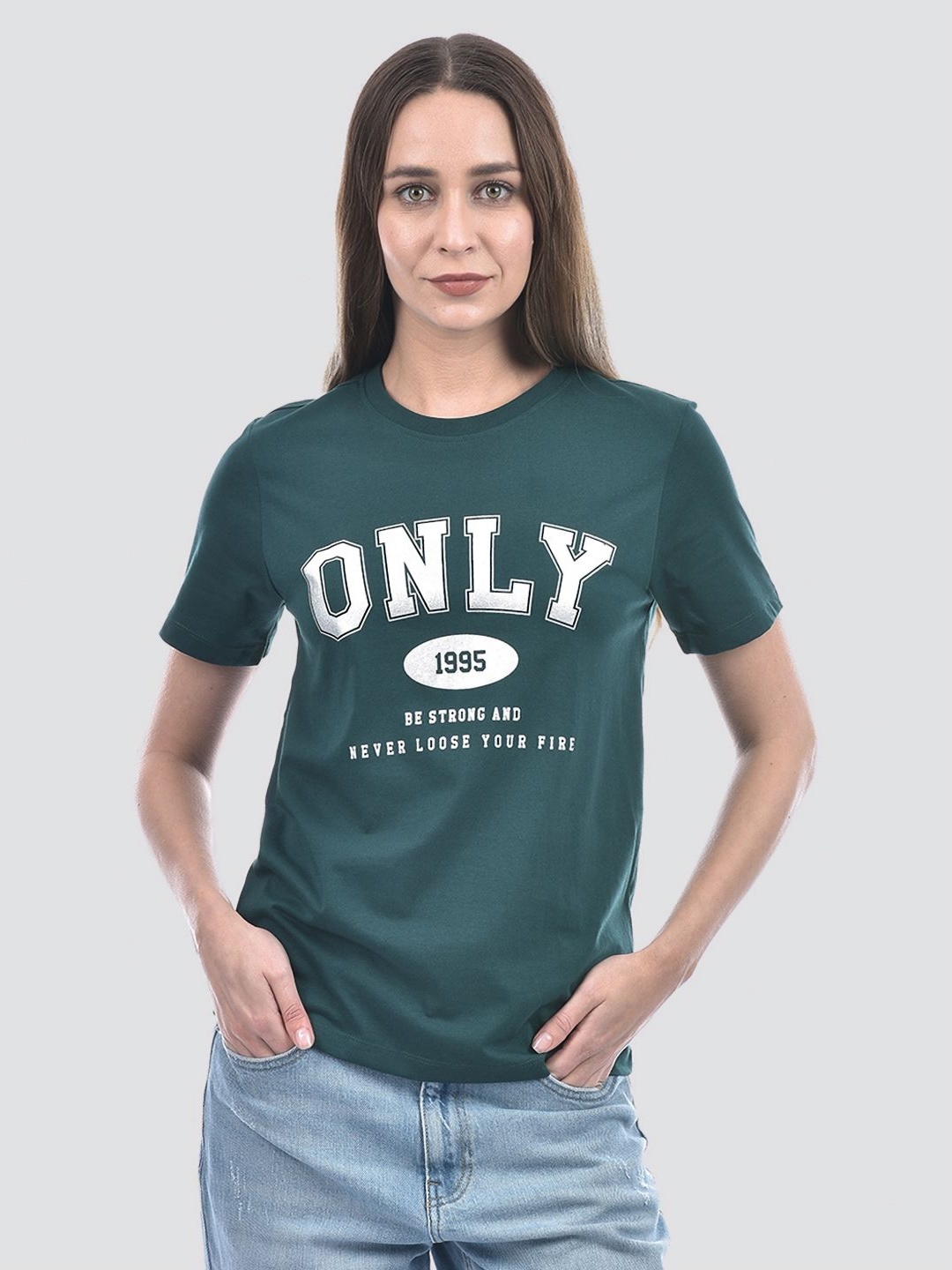 

ONLY Women Typography Printed Round Neck Cotton T-shirt, Teal