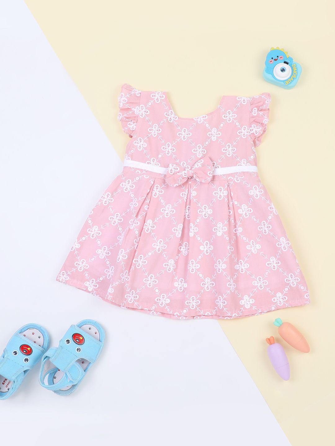 

Macwin Girls Floral Embroidered Flutter Sleeves Cotton Fit & Flare Dress, Pink