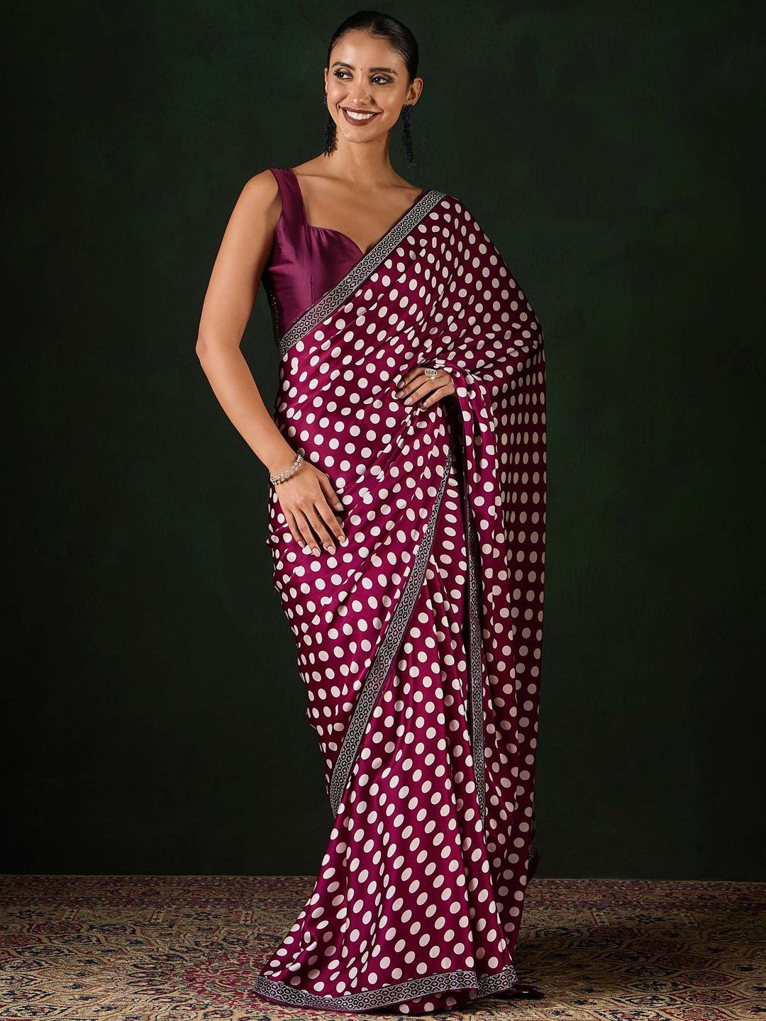 

Sangria Polka Dot Printed with Embellished Party Wear Saree With Unstitched Blouse, Magenta