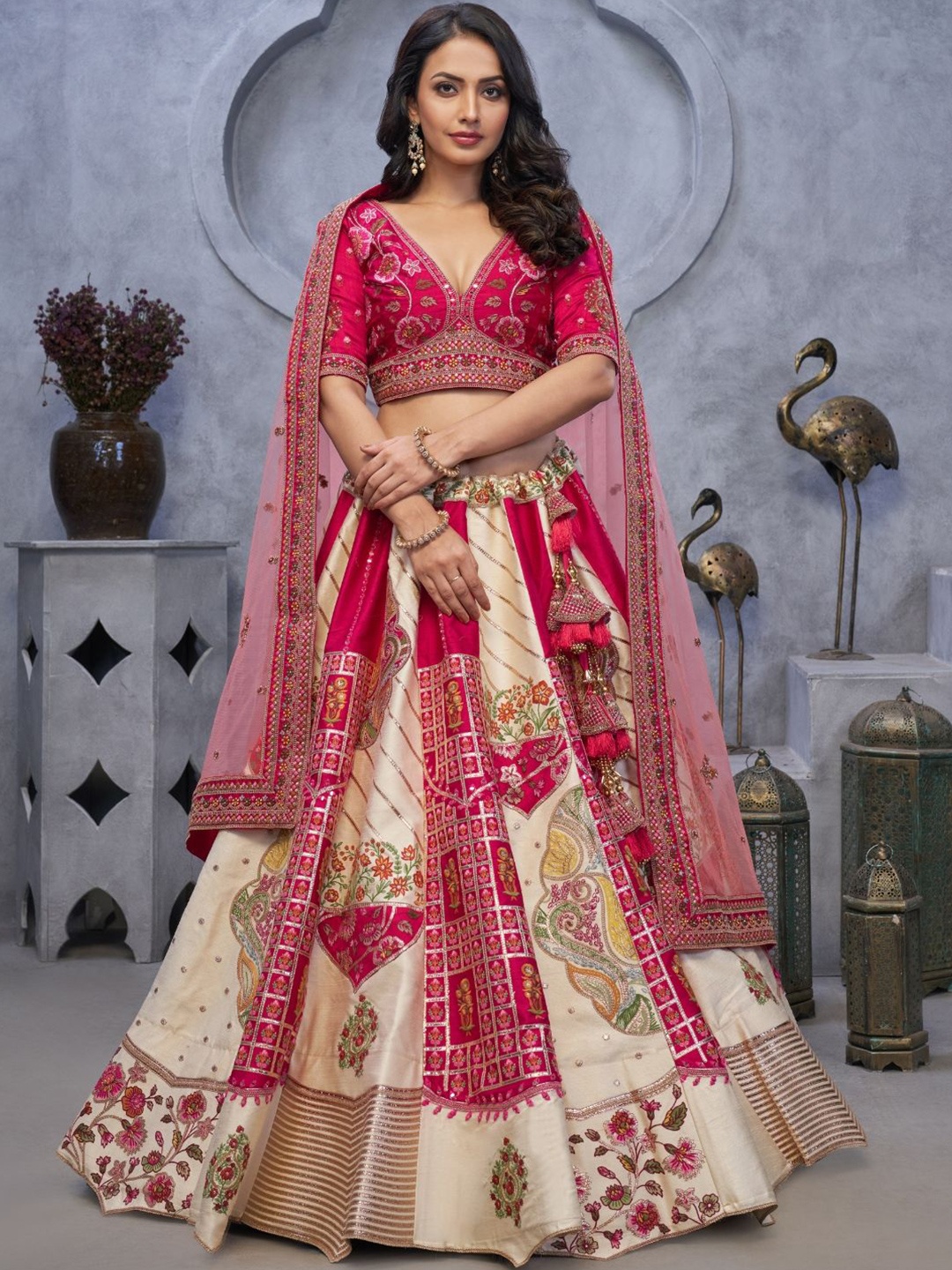 

Fusionic Embroidered Thread Work Semi-Stitched Lehenga & Unstitched Blouse With Dupatta, White