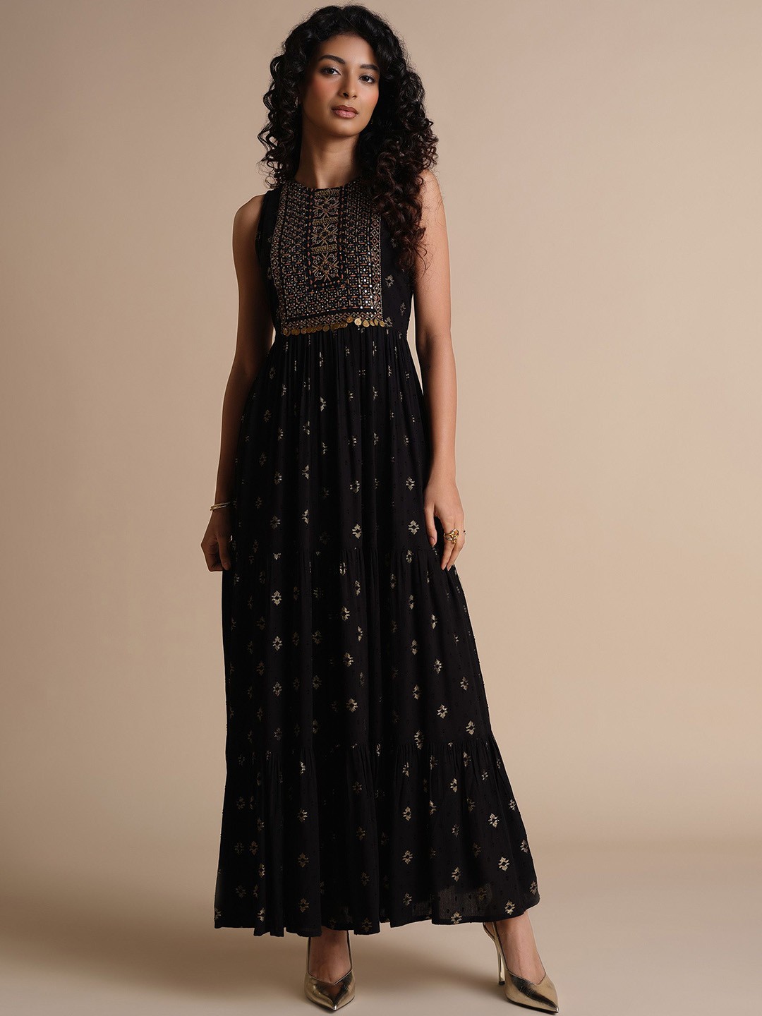 

Global Desi Floral Printed Fit & Flare Maxi Dress, Black