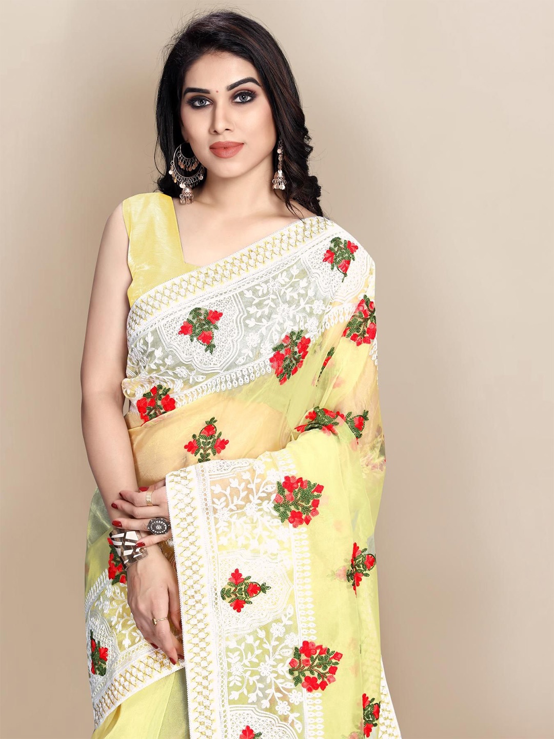 

HERE&NOW Women Floral Embroidered Organza Saree, Yellow