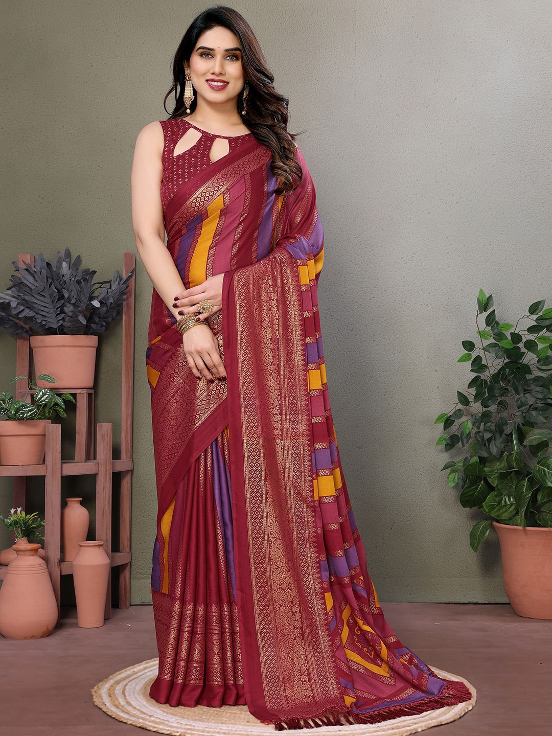 

LeeliPeeri Designer Striped Foil Work Saree With Unstitched Blouse Piece, Maroon