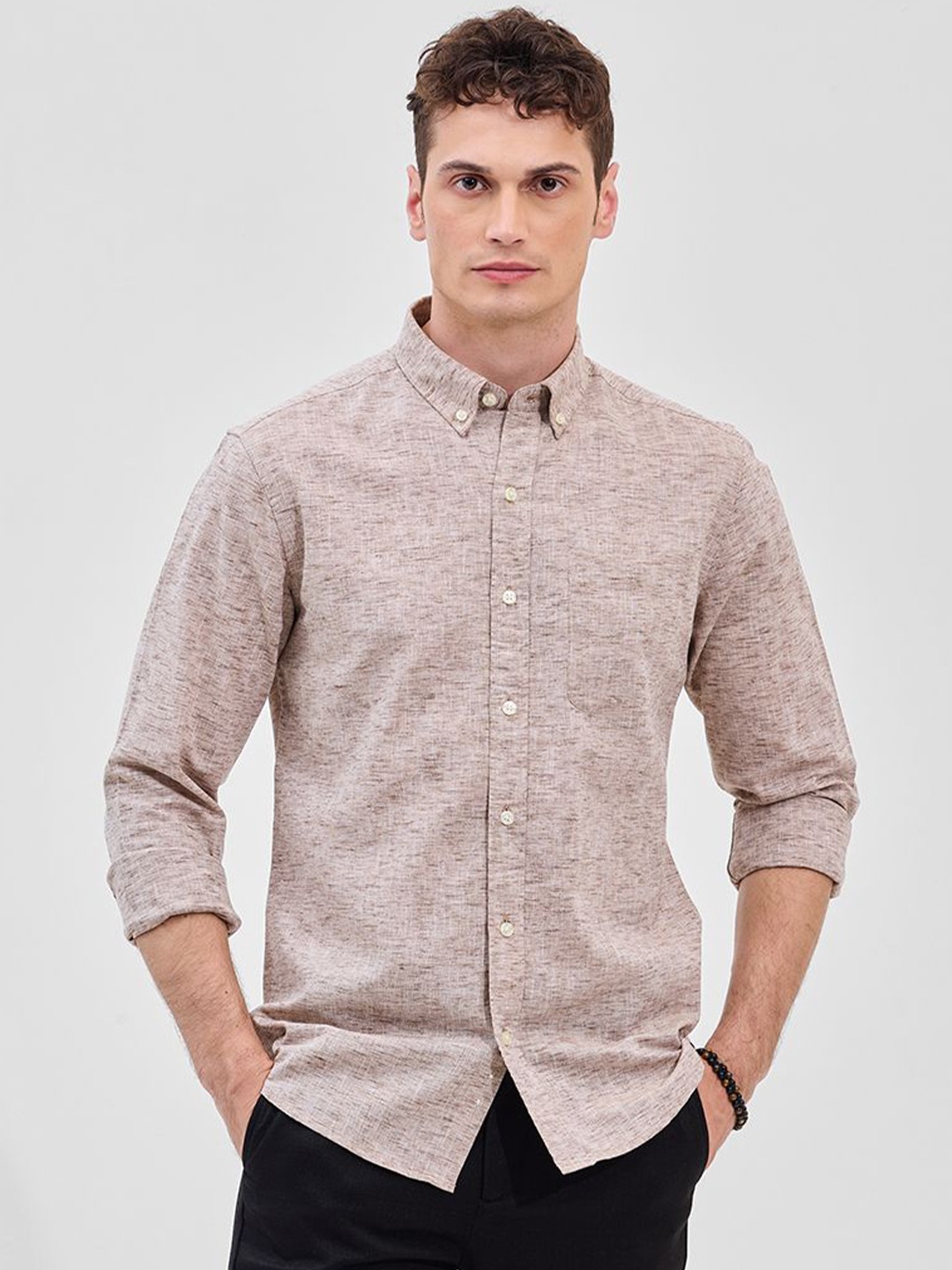 

Snitch Men Button-Down Collar Textured Formal Shirt, Beige
