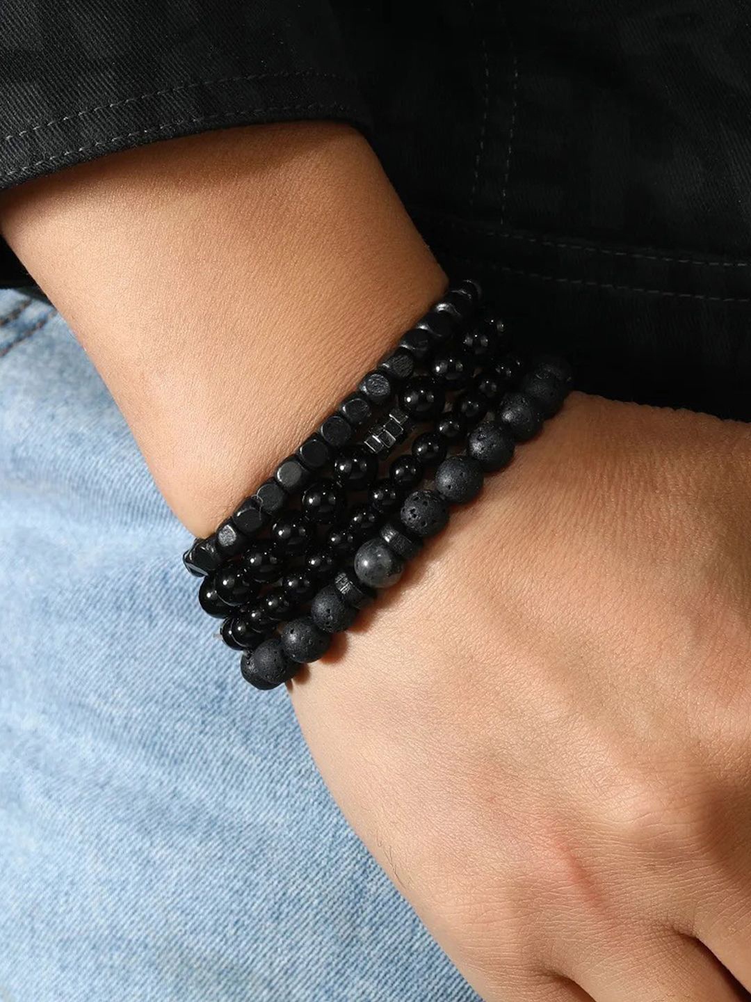 

Jewels Galaxy Men Set Of 4 Silver-Plated Artificial Beaded Multistrand Bracelet, Black