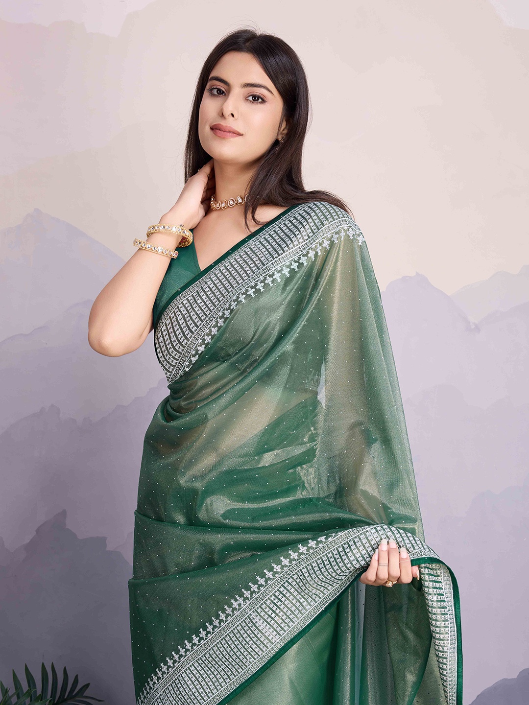 

Blissta Sequinned Net Saree, Green