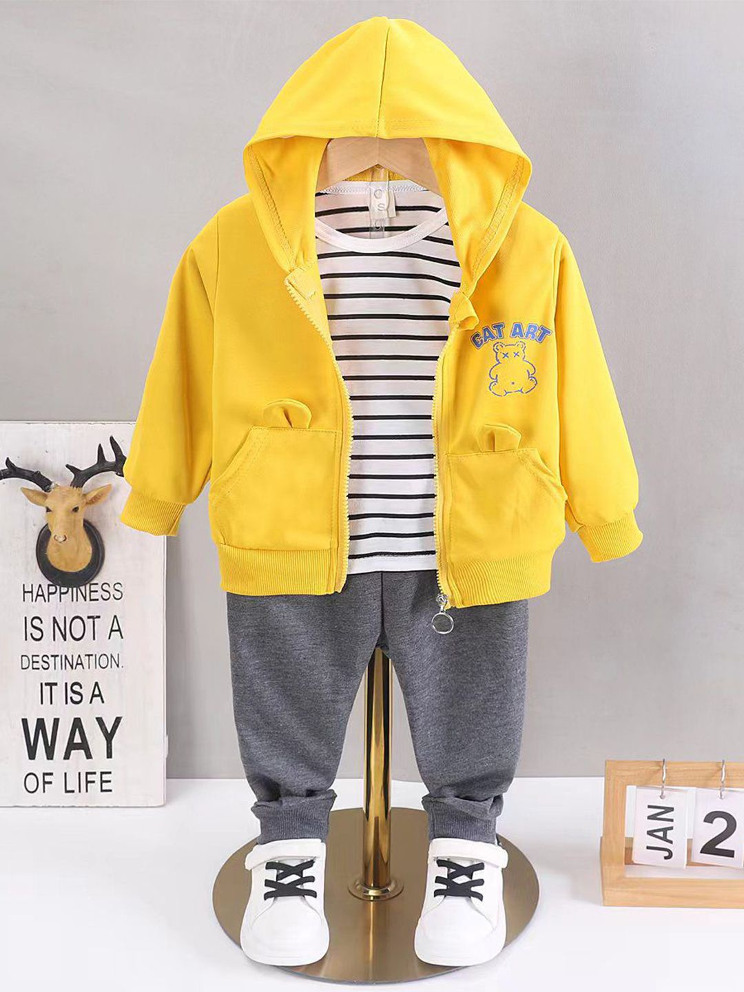 

Bold N Elegant Boys Striped T-shirt With Joggers & Hooded Zipper Jacket, Yellow