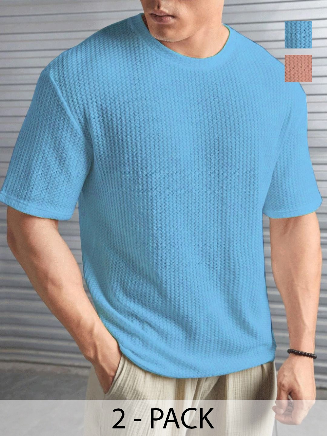 

MERRIMENT Men Pack Of 2 Self Design Round Neck T-shirts, Blue