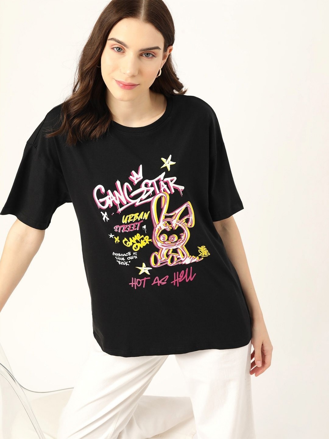 

DressBerry Women Graphic Printed Round Neck Cotton Oversized T-shirt, Black