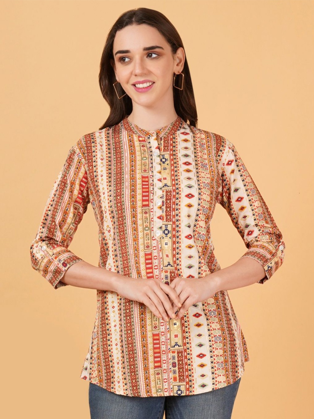 

FebQ Women Ethnic Motifs Printed Mandarin Collar Roll-Up Sleeves Shirt Style Top, Cream