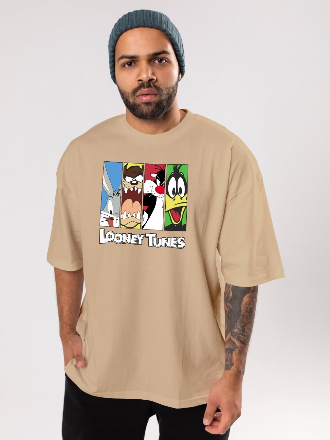

FLYIND VOGUE OUTFIT Men Looney Tunes Bio Finish Graphic Printed Cotton Oversized T-shirt, Beige