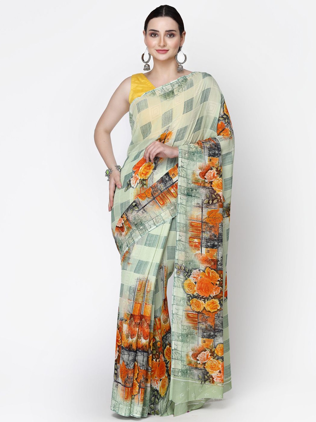 

RAJUL Floral Printed Pure Georgette Saree, Olive