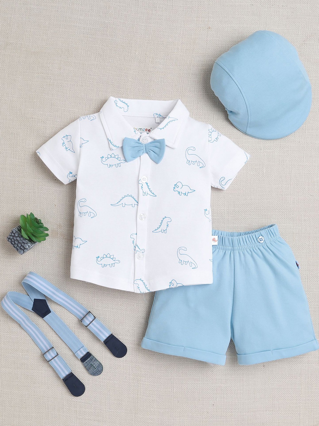 

BUMZEE Infants Boys Printed Pure Cotton Shirt With Shorts And Bow Cap Suspenders, White