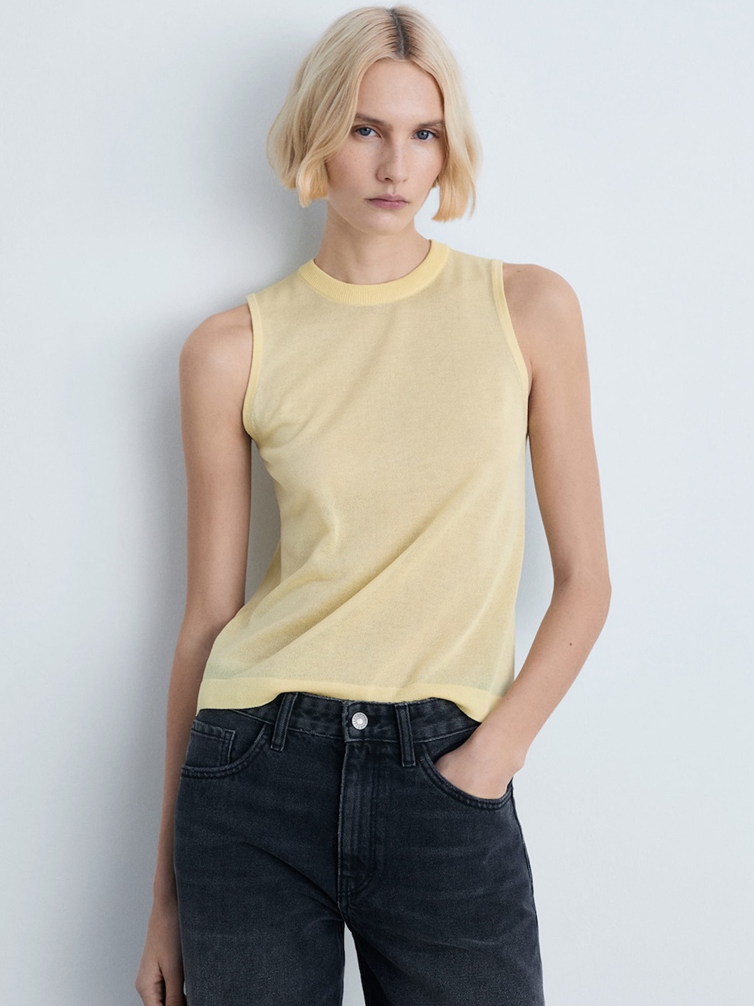 

MANGO Solid Semi Sheer Top, Yellow