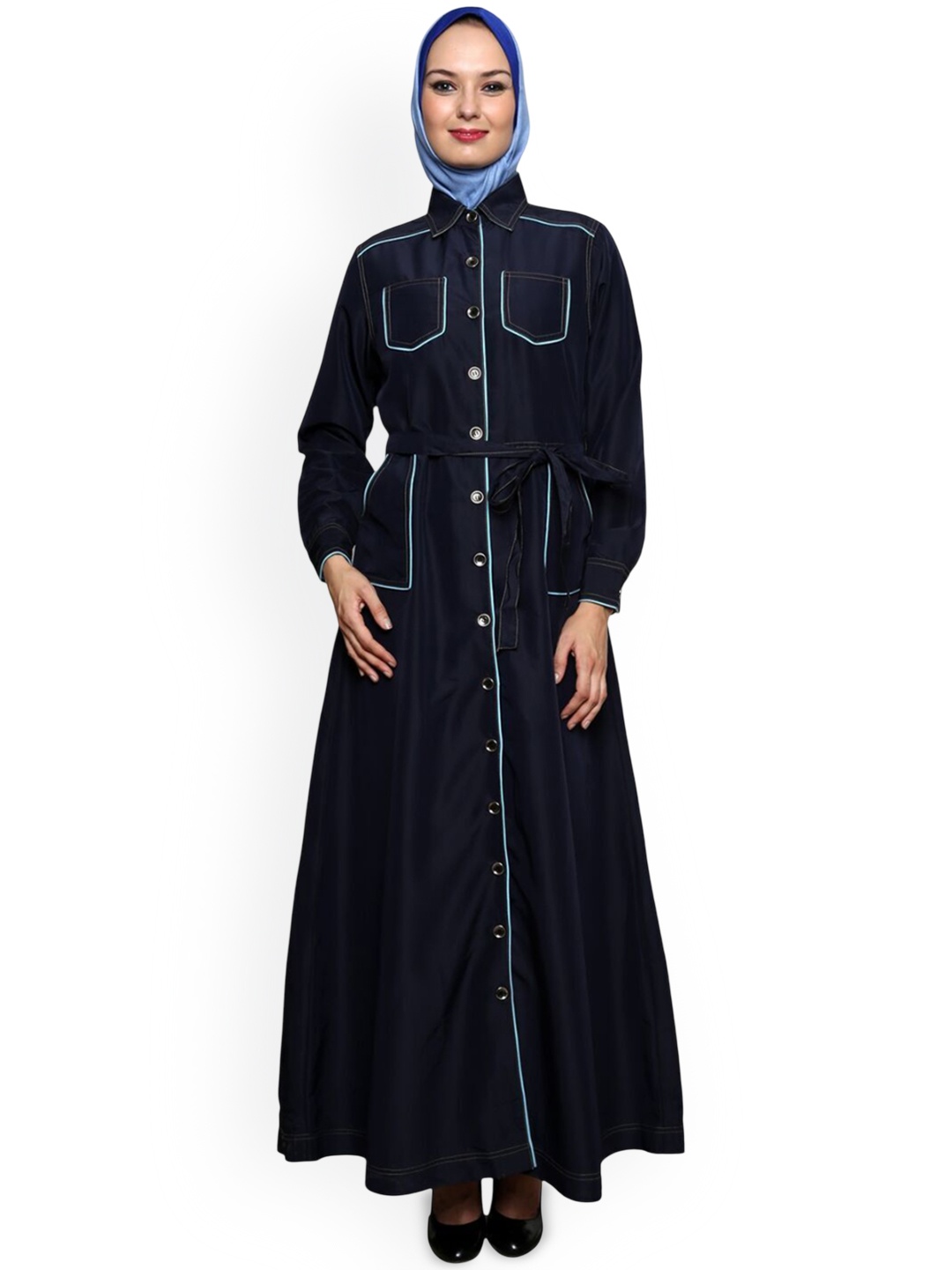 

MOMIN LIBAS Shirt Collar Neck Pleat Work Front Open Abaya, Navy blue
