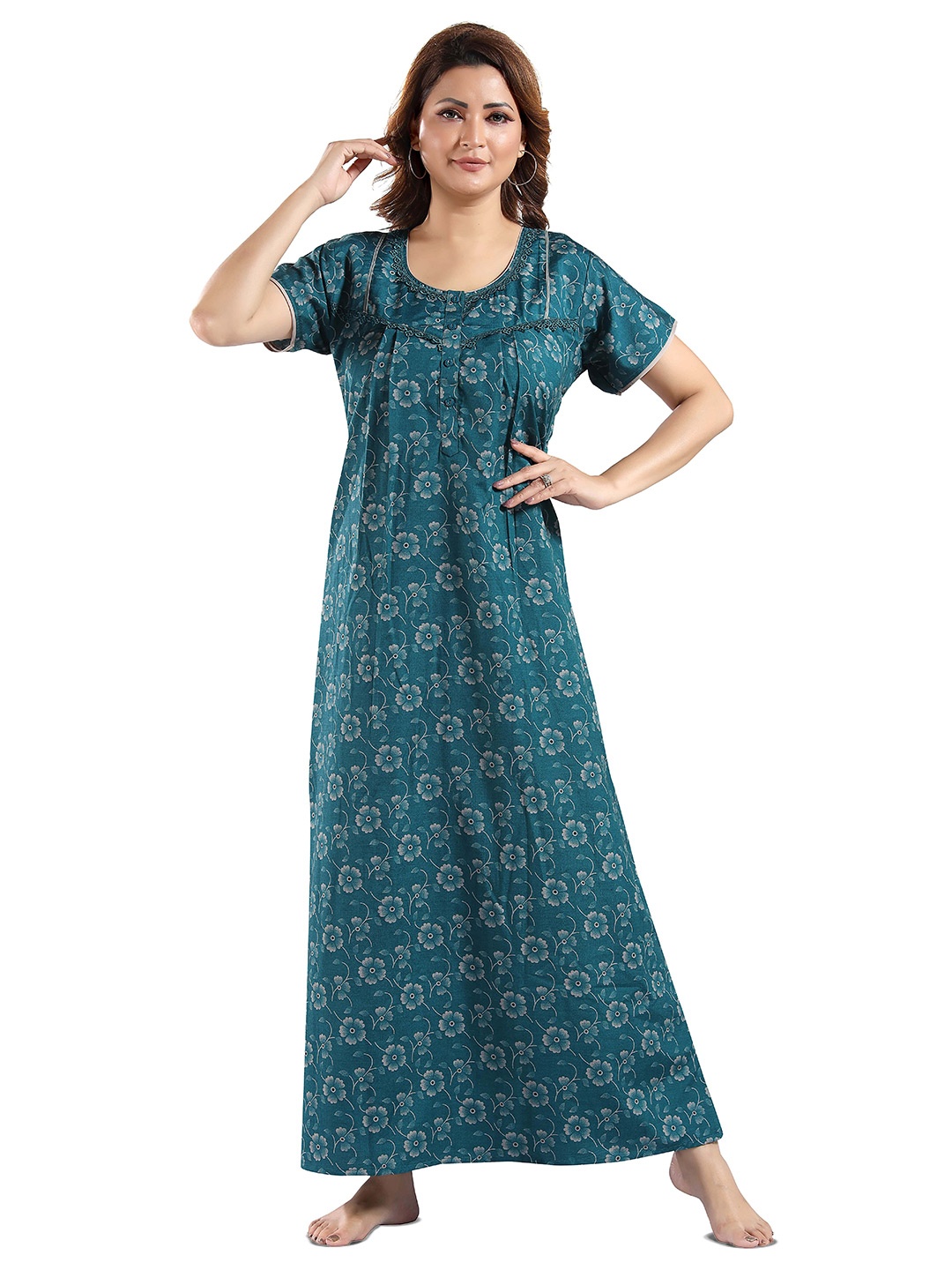 

NIGHT QUEEN Women Floral Printed Maxi Nightdress, Green