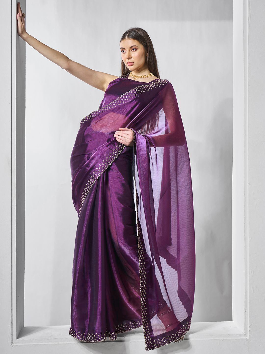 

Shivadit Ethnic Beads and Stones Organza Saree, Purple