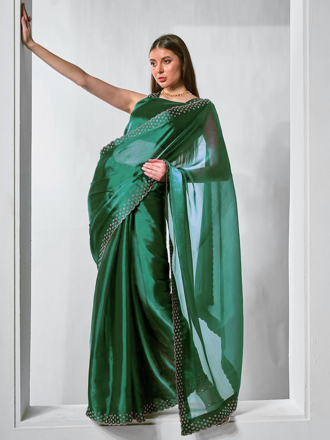 

Shivadit Ethnic Beads and Stones Organza Saree, Green
