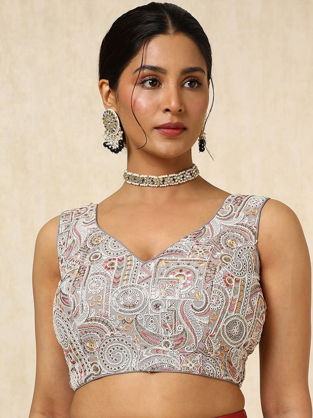 

Soch Embroidered V Neck Padded Saree Blouse, Grey
