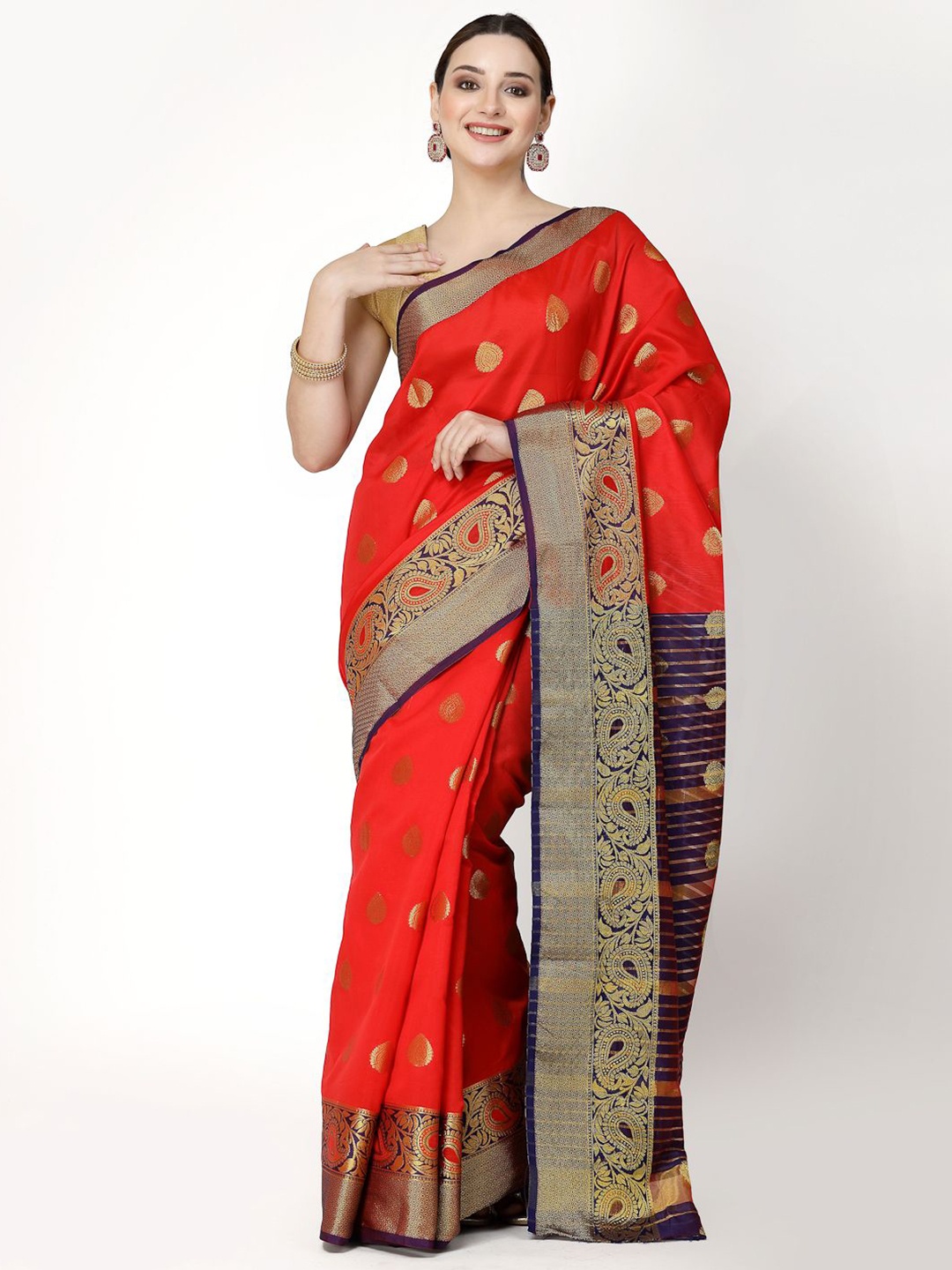 

RAJUL Ethnic Motifs Woven Design Zari Banarasi Saree, Red