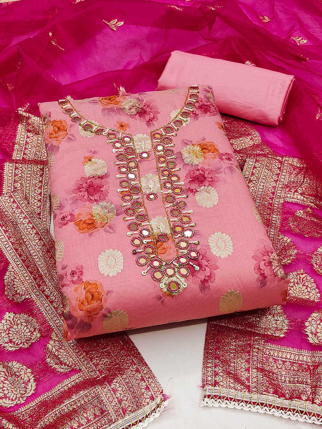 

Blissta Embellished Unstitched Dress Material, Peach