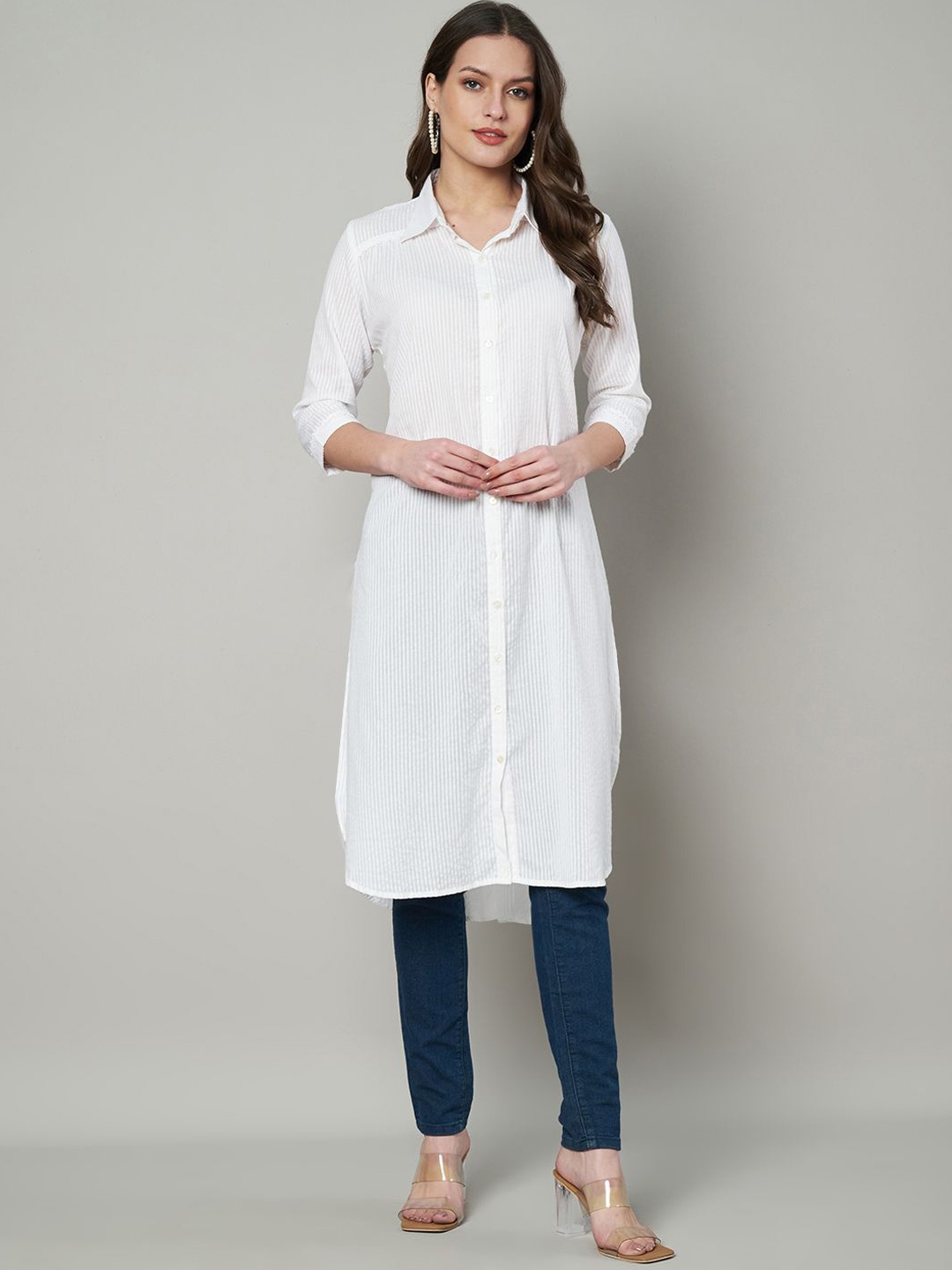 

JAPER KURTI Striped Shirt Collar Pure Cotton Straight Kurta, White