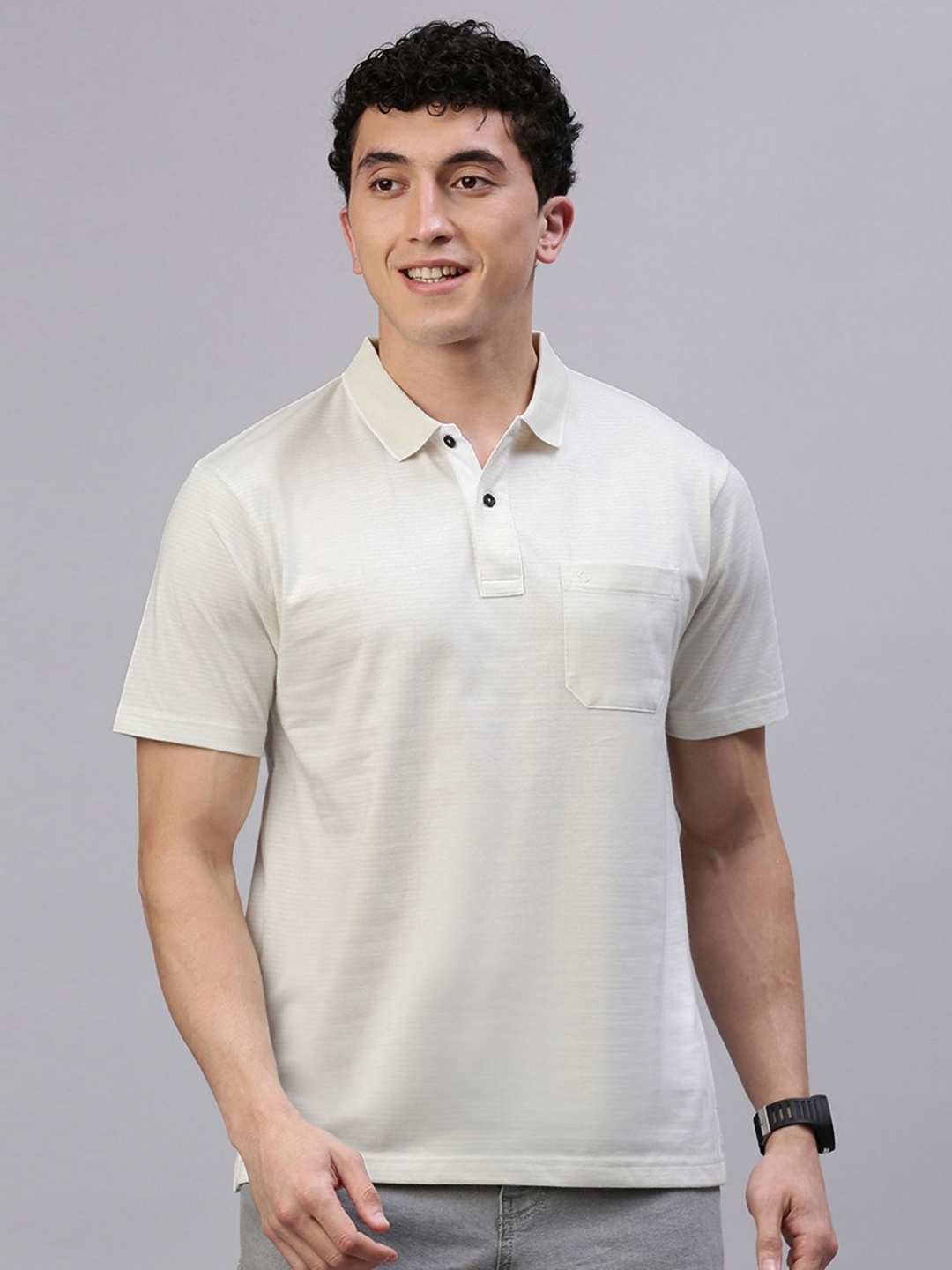 

Classic Polo Men Solid Polo Collar Cotton T-shirt, Off white