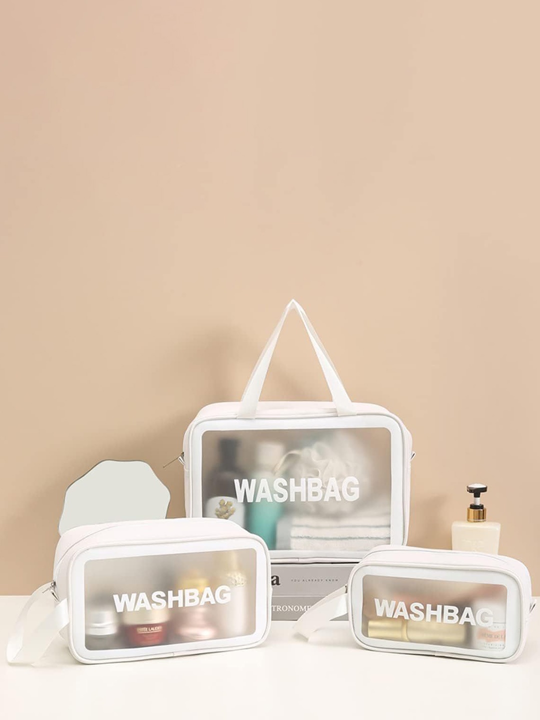 

RRK 3-Pcs White Printed Clear Waterproof Makeup Pouch