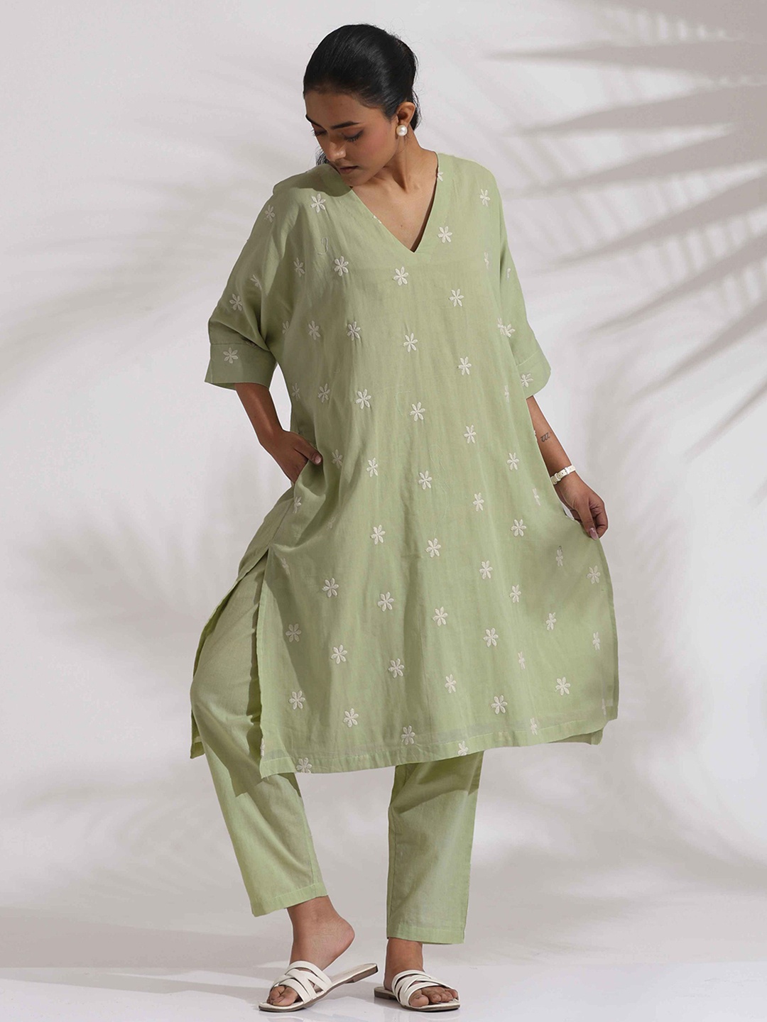 

trueBrowns Embroidered Pure Cotton Tunic With Trousers Co-Ords, Green