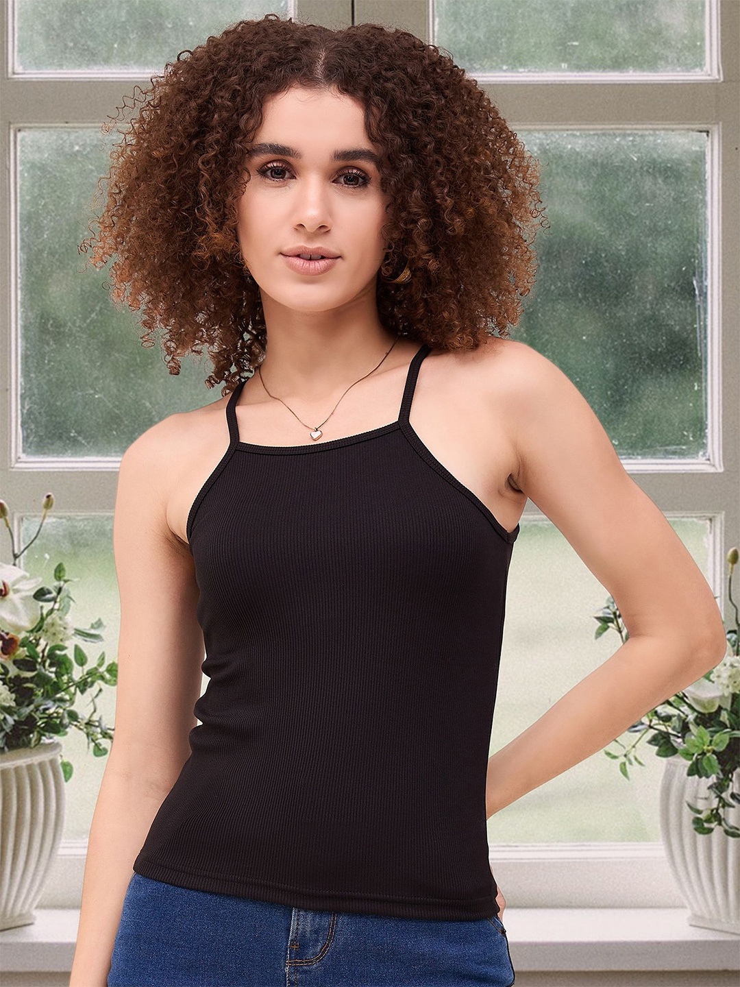 

DressBerry Women Ribbed Shoulder Straps Fitted Top, Black