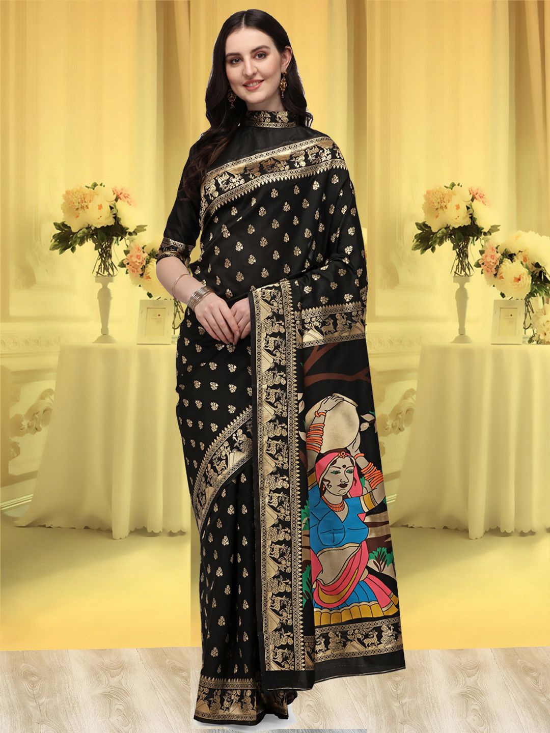 

DIVASTRI Woven Design Zari Silk Blend Saree, Black