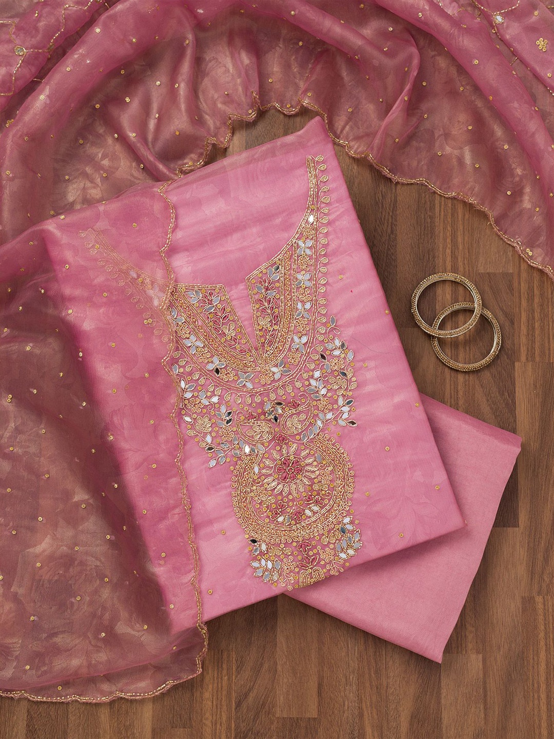 

Koskii Ethnic Motifs Embellished Mirror Work Unstitched Dress Material, Pink